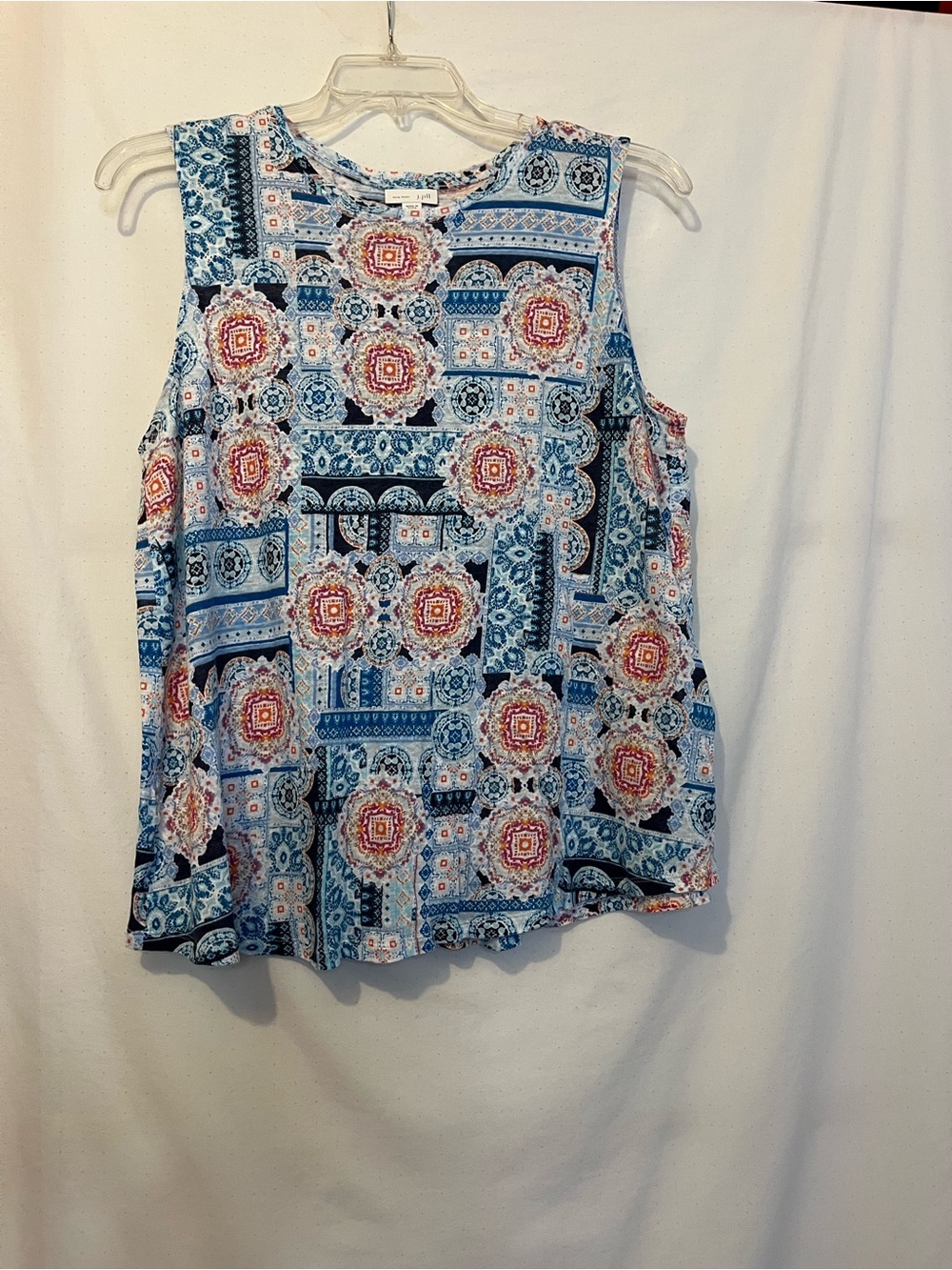 J. Jill Blue Multi-Print Sleeveless Tank with Coral Medallions